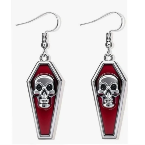 NEW Hot Topic Red & Silver Coffin Gothic Style Dangle Drop Earrings w/ Skulls - Picture 3 of 4